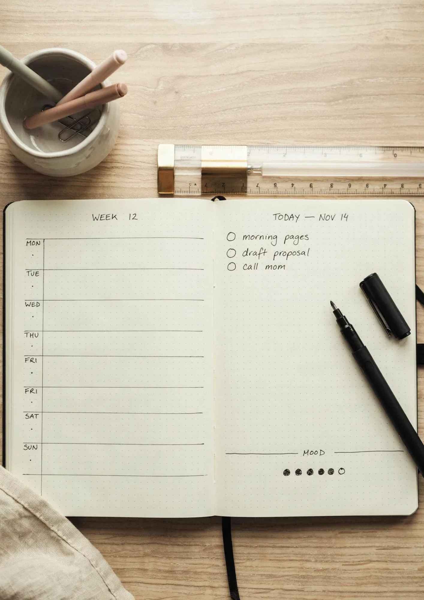 minimalist bullet journal layout with clean lines and white space