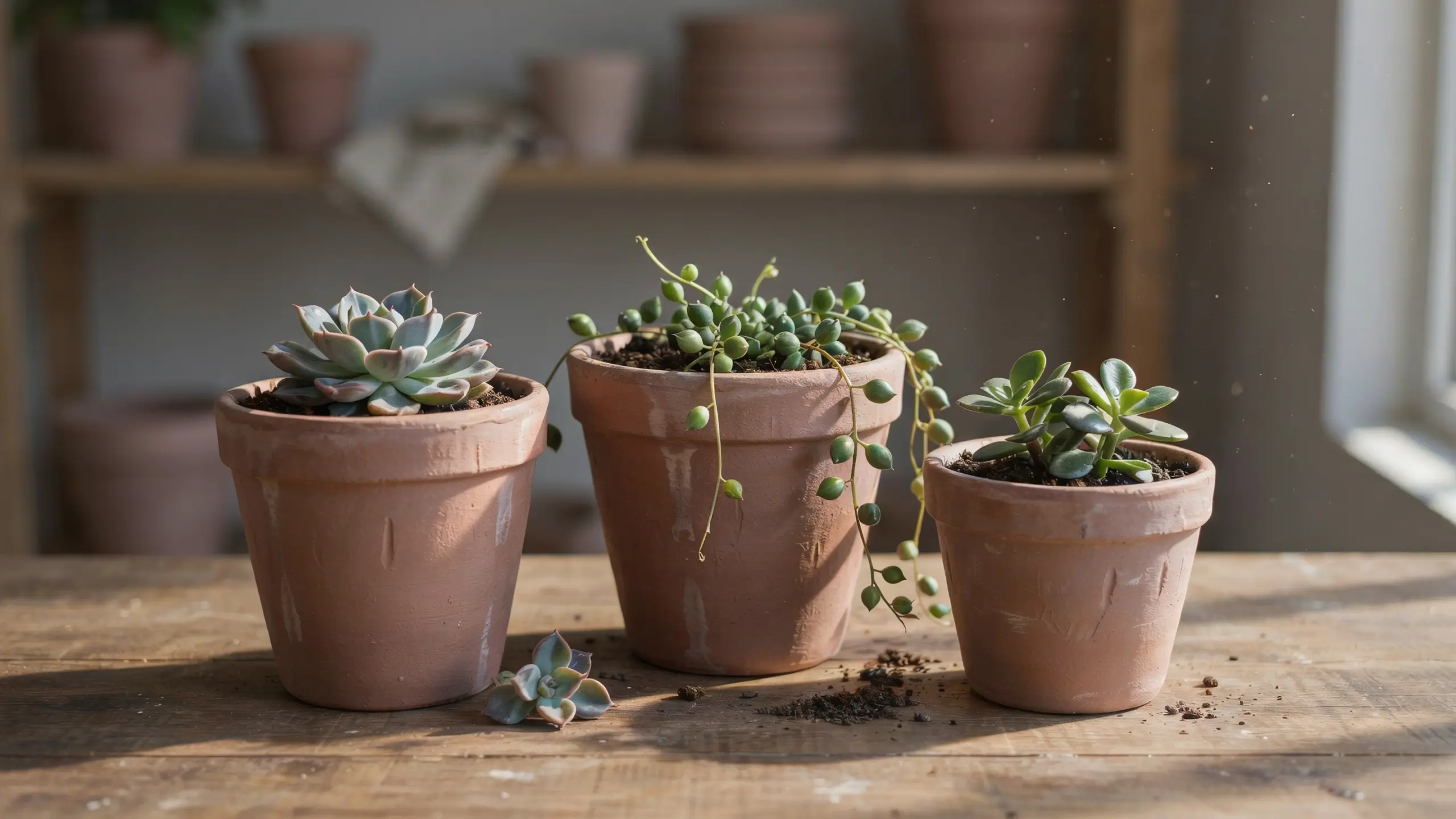 Small handmade clay planters with succulents and visible rustic texture in natural light.