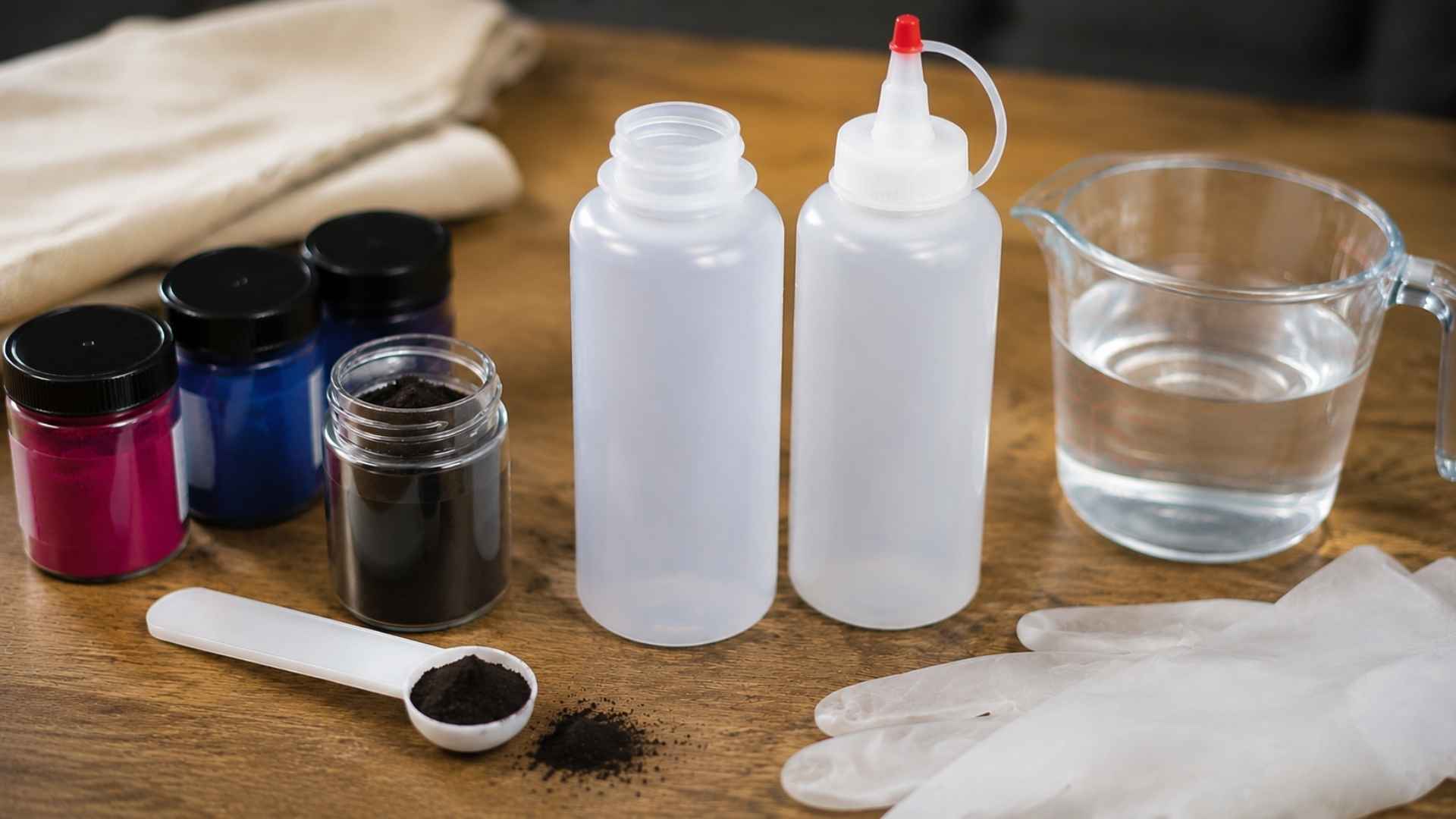Wooden table with unlabeled squeeze bottles, dye powder, gloves, and glass beaker for mixing dye