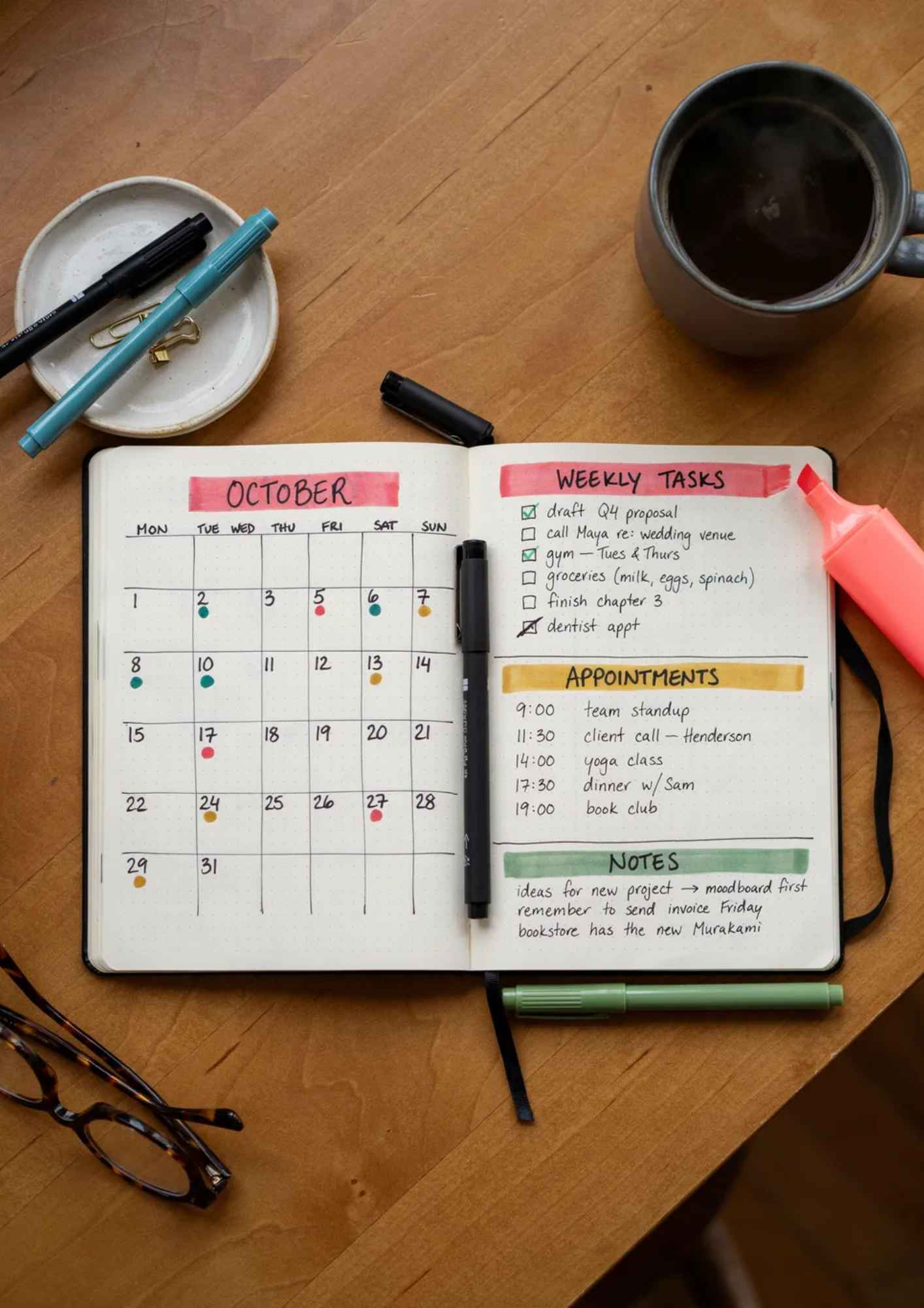 mixed-use bullet journal with work and personal planning sections