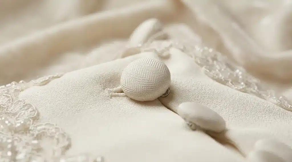 An elegant, fabric-covered shank button sewn onto a cream-colored garment with intricate lace.
