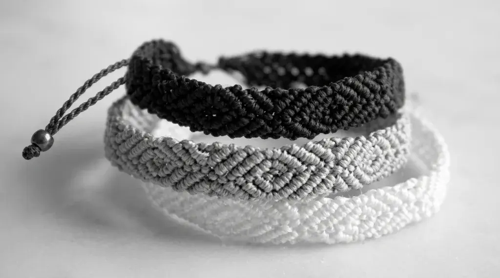 Three woven macrame friendship bracelets stacked in a monochrome gradient of black, grey, and white.