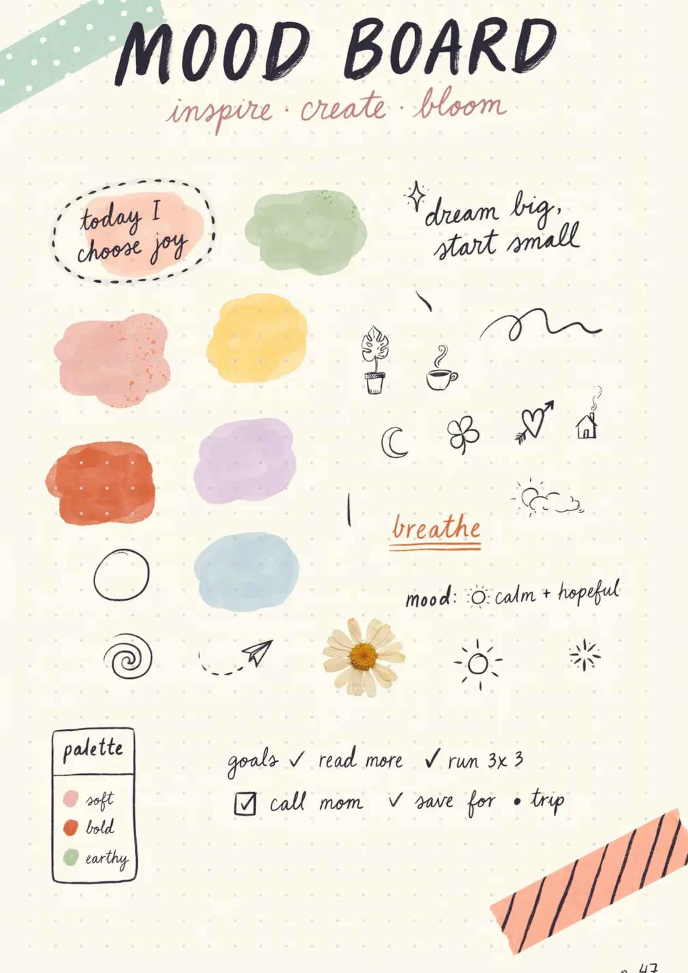 Bullet journal mood board with colorful swatches, doodles, icons, and handwritten inspirational notes.