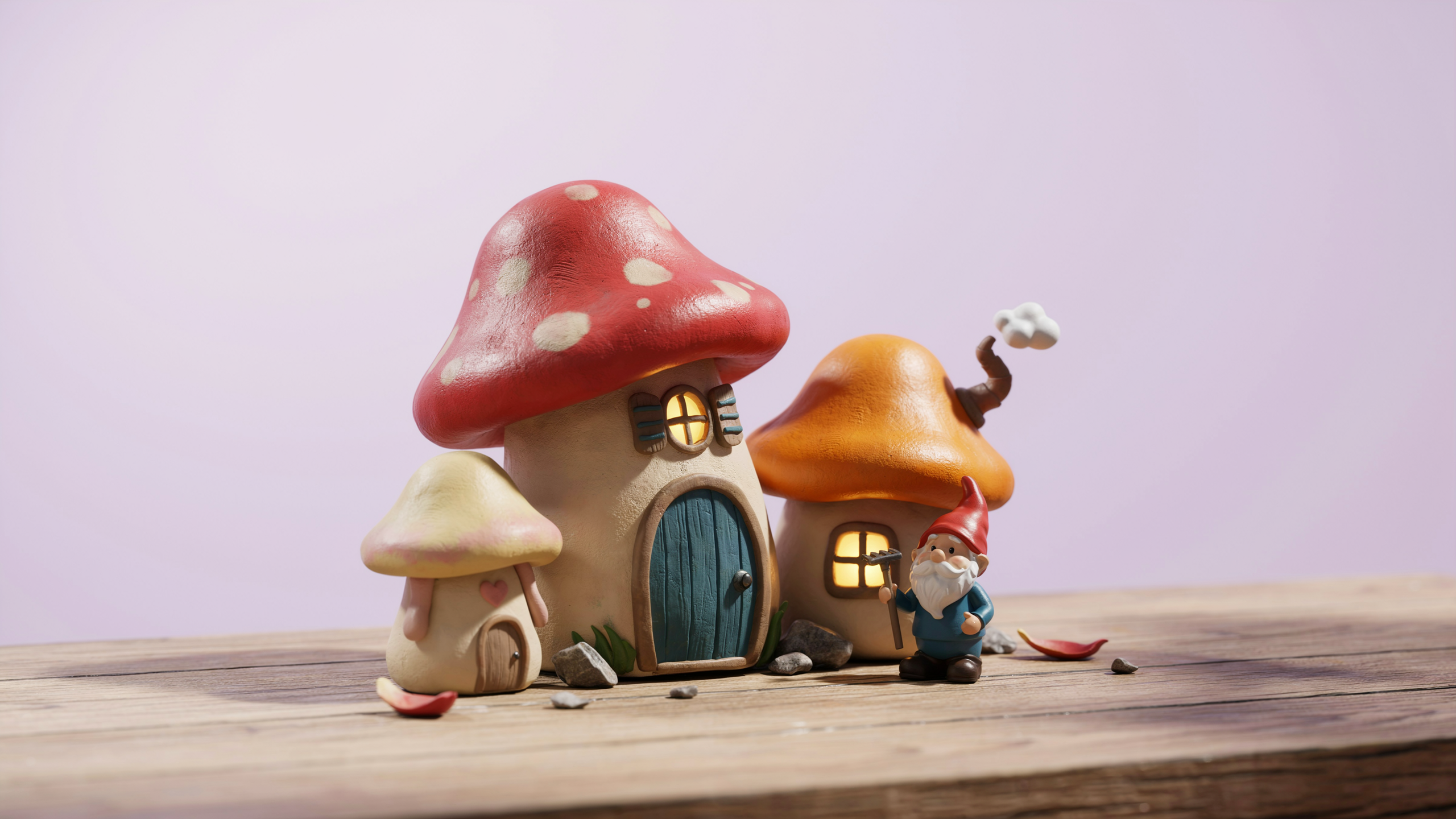 Mushroom house clay set featuring whimsical house with textured cap roof, small door and windows, standing display pieces arranged together for decorative use