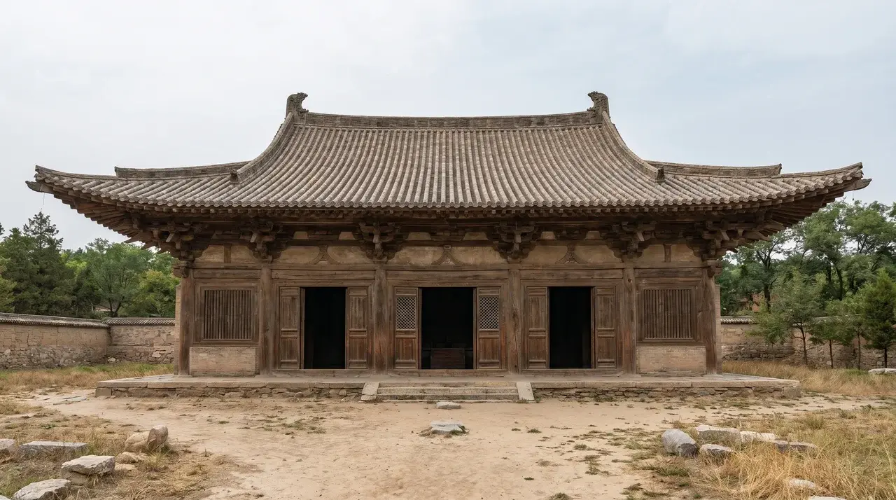 Front view of Nanchan Temple in Shanxi, showing its wooden structure, traditional Chinese roof with upturned eaves, and surrounding stone courtyard.