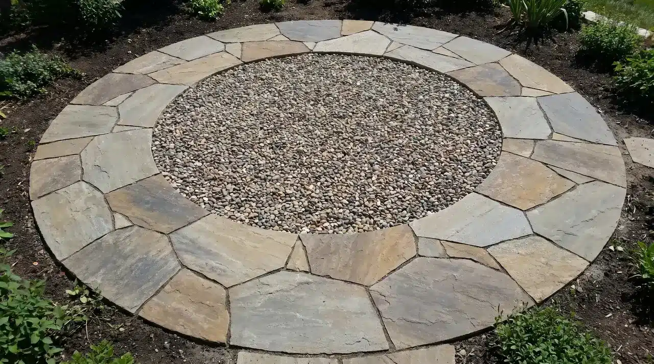 Flagstone perimeter enclosing a pea gravel center fill with gravel sitting below the stone surface