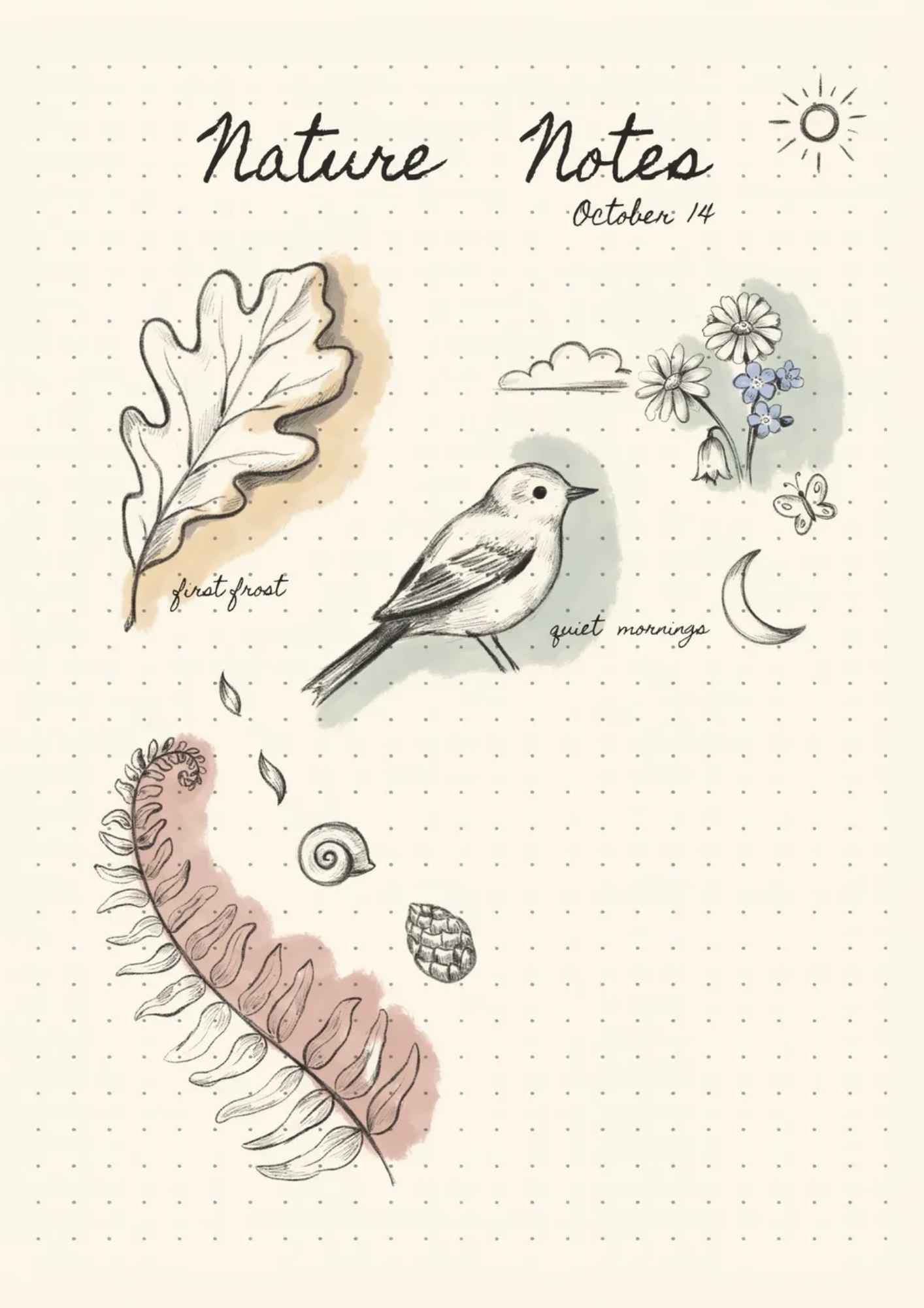 Bullet journal page with hand-drawn sketches of leaves, flowers, and birds for a calming nature practice.