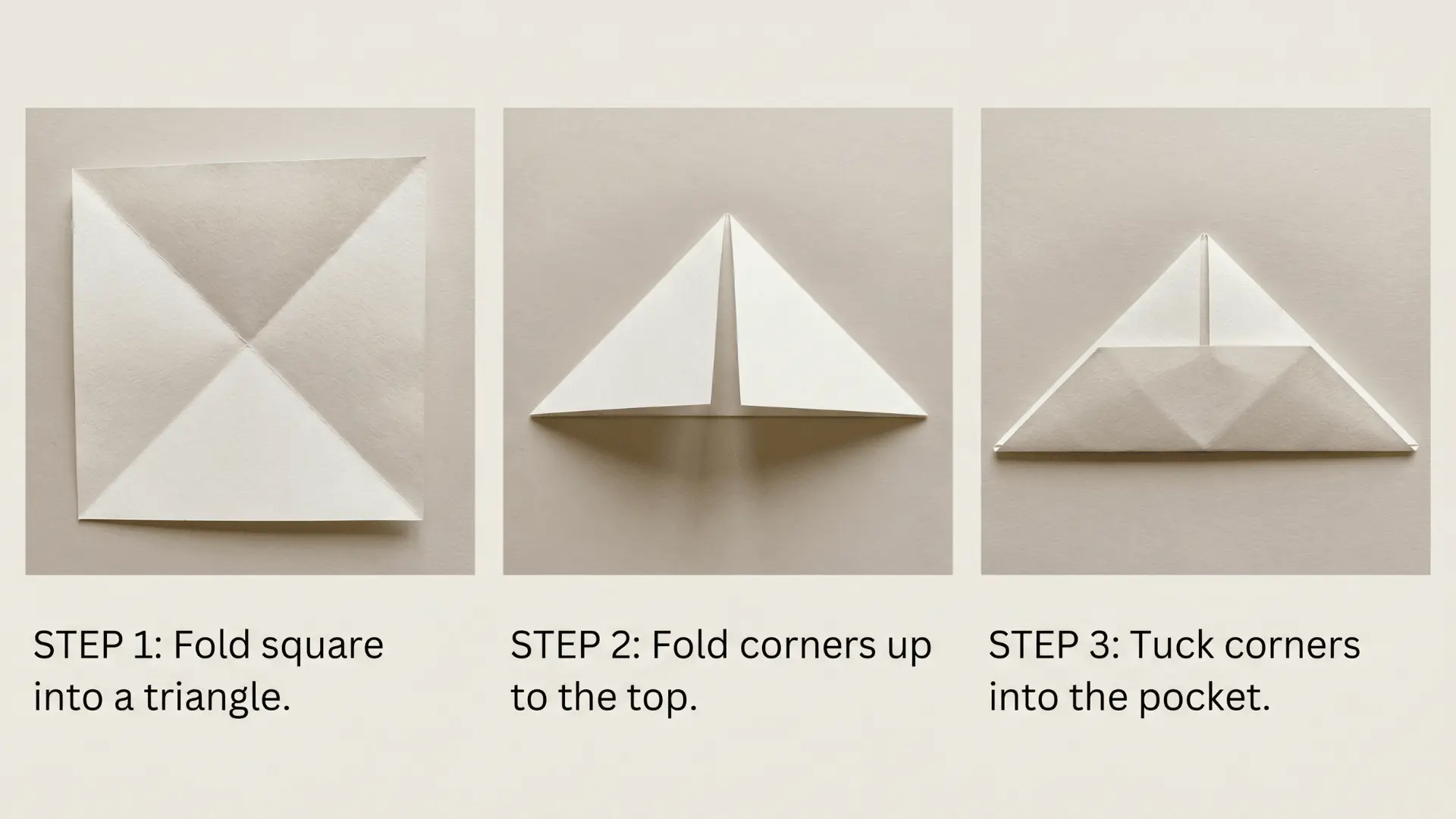 Step-by-step origami page corner holder: fold square into triangle, bring side corners to top, tuck into pocket on neutral background.