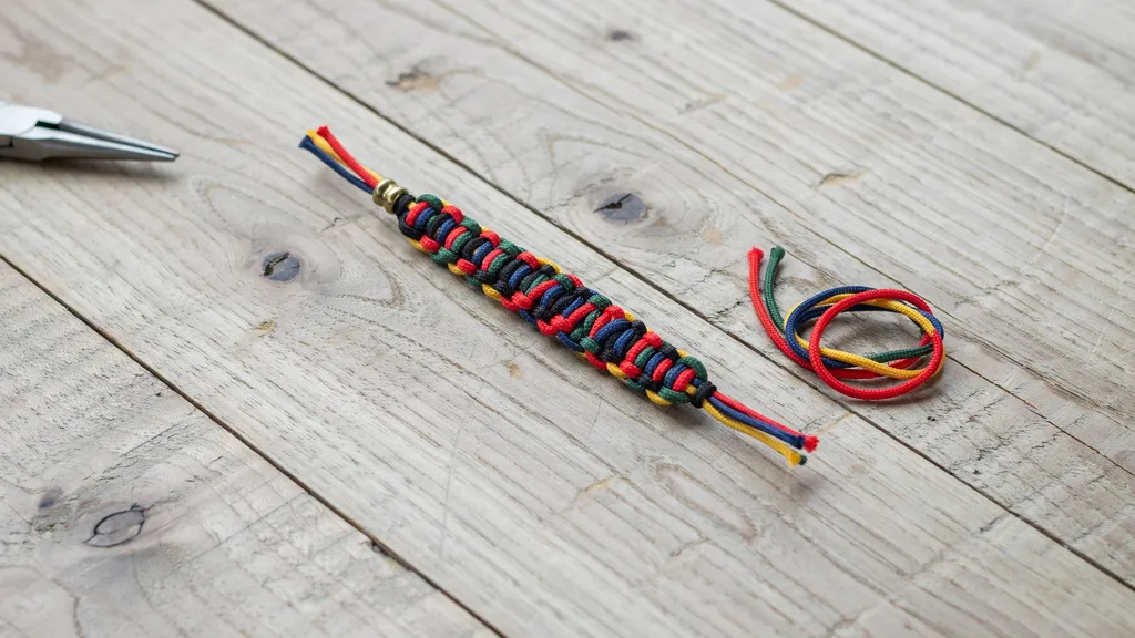 Woven paracord friendship bracelet with colorful cords on a rustic wooden surface.
