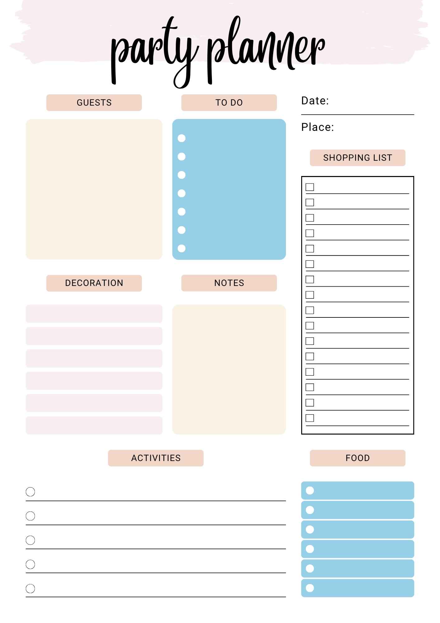 bullet journal party planner page with sections for guests to do date place decoration activities food and notes