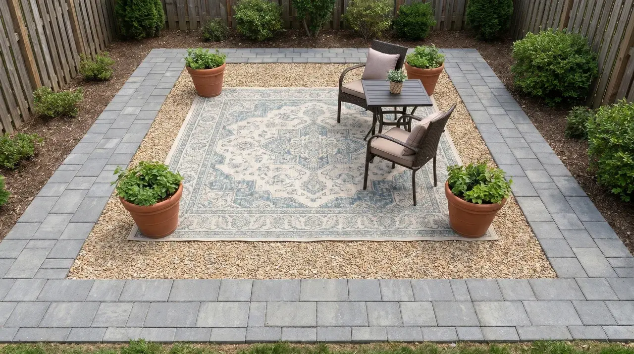 Paver border around a gravel patio interior with an outdoor rug weighted at corners by planters