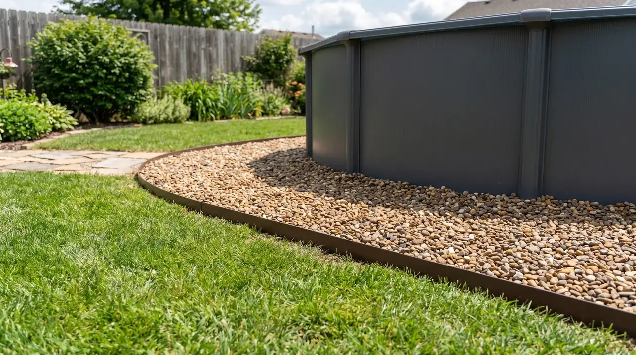 Pea gravel surrounding the base of an above-ground pool with steel edging at the lawn boundary