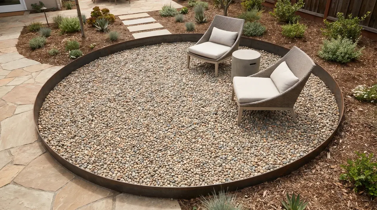 Circular pea gravel area enclosed by curved metal edging in a residential backyard with furniture