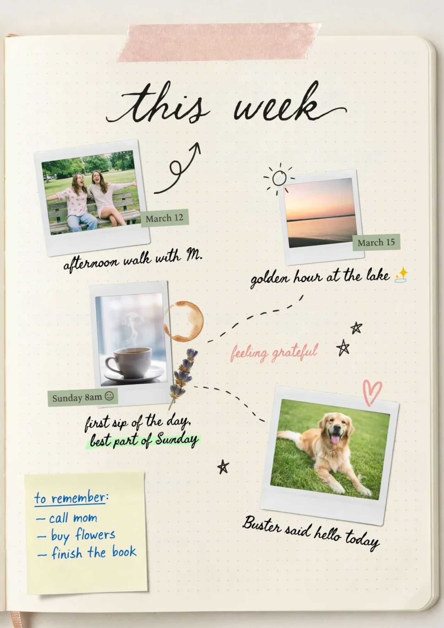 Bullet journal photo journaling page with small printed photos, captions, dates, and handwritten notes.
