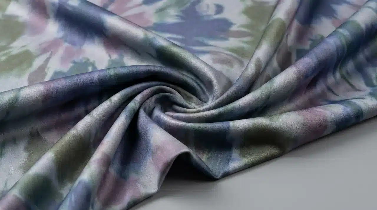 Smooth polyester blend tie dye fabric with a subtle sheen, soft folds, and muted watercolor pattern showing durability and drape.