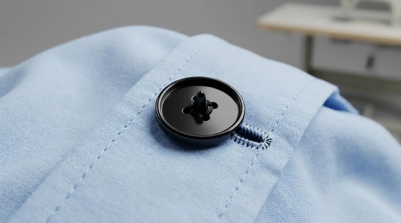 A glossy black plastic button with a raised center post sewn onto light blue fabric near a stitched buttonhole.