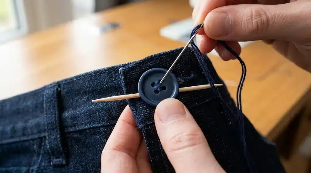 Close-up photo of a hand-wrapped thread shank under a newly sewn button.