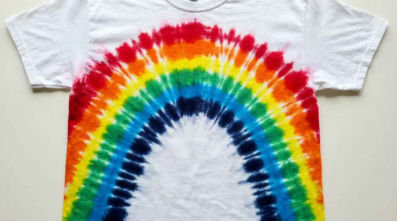 White tie dye shirt displaying a large rainbow arch pattern across the front