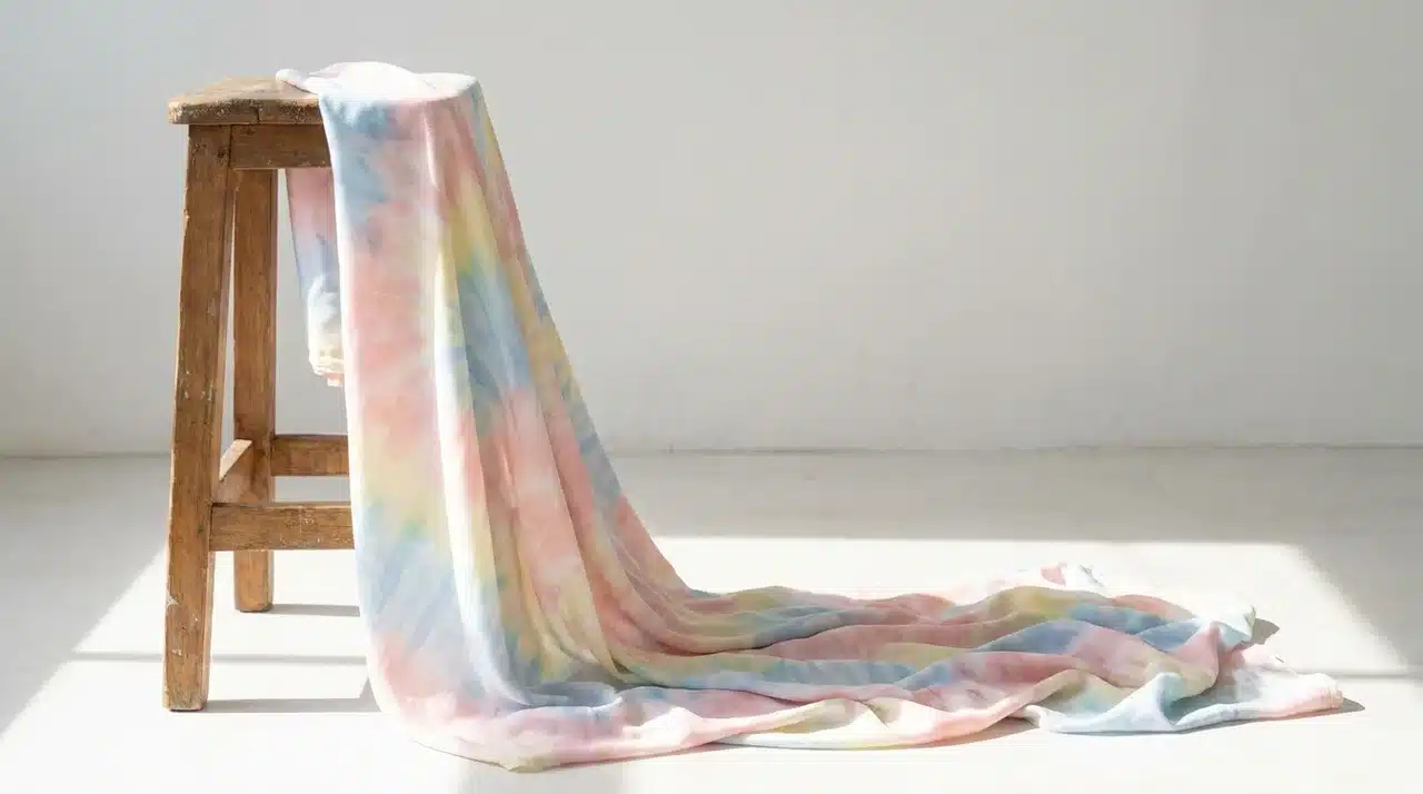 Lightweight rayon tie dye fabric draped over a wooden stool with a flowing pastel design