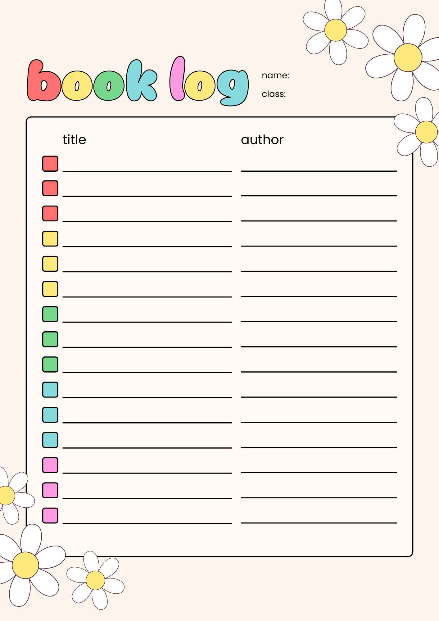 colorful book log bullet journal layout with sections for title author name class and floral decorations