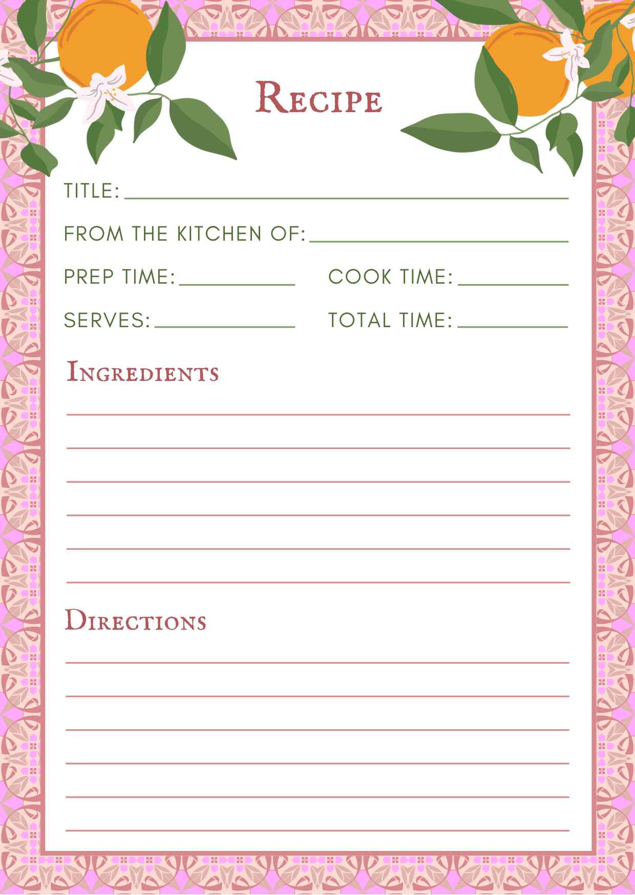 recipe journal page with space for title kitchen name prep cook time serves ingredients and directions