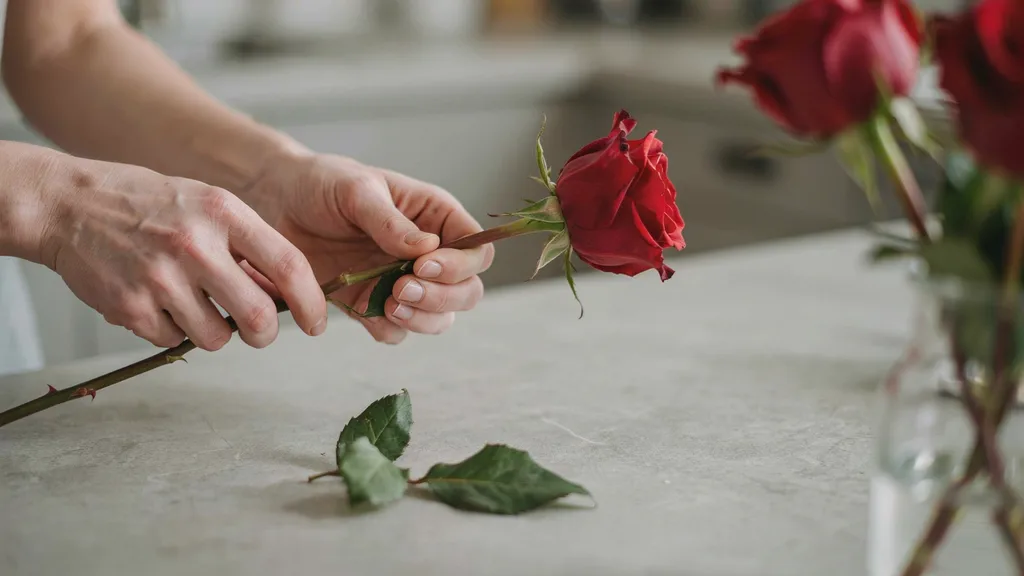 Red rose stem with leaves being removed by hand showing clean stem and fully visible detailed garden background.