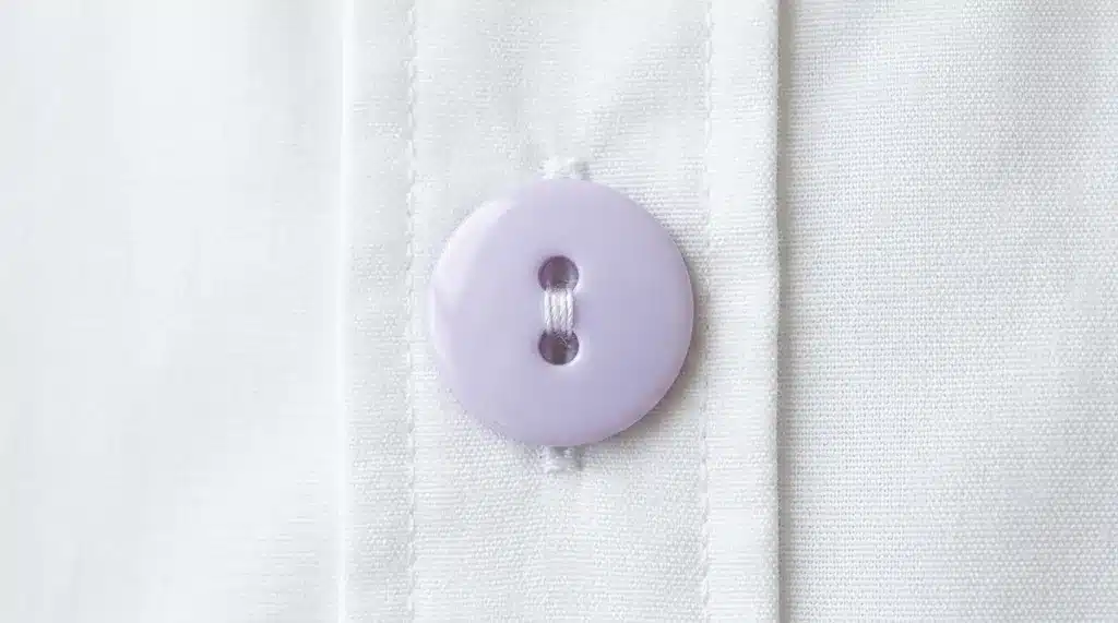 A round, light purple two-hole button sewn onto a white button-down shirt placket
