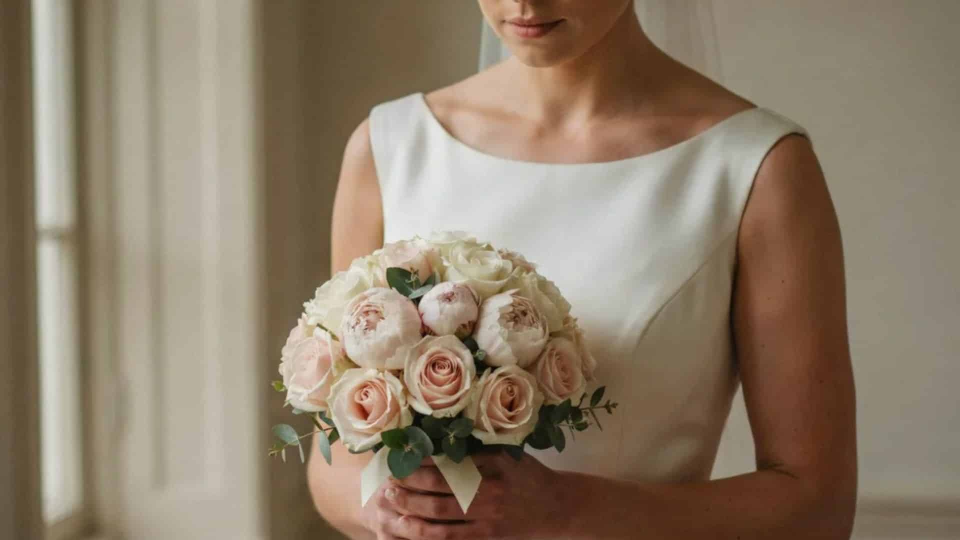 A round structured wedding bouquet made of white roses and blush peonies held by a bride in soft lighting setting