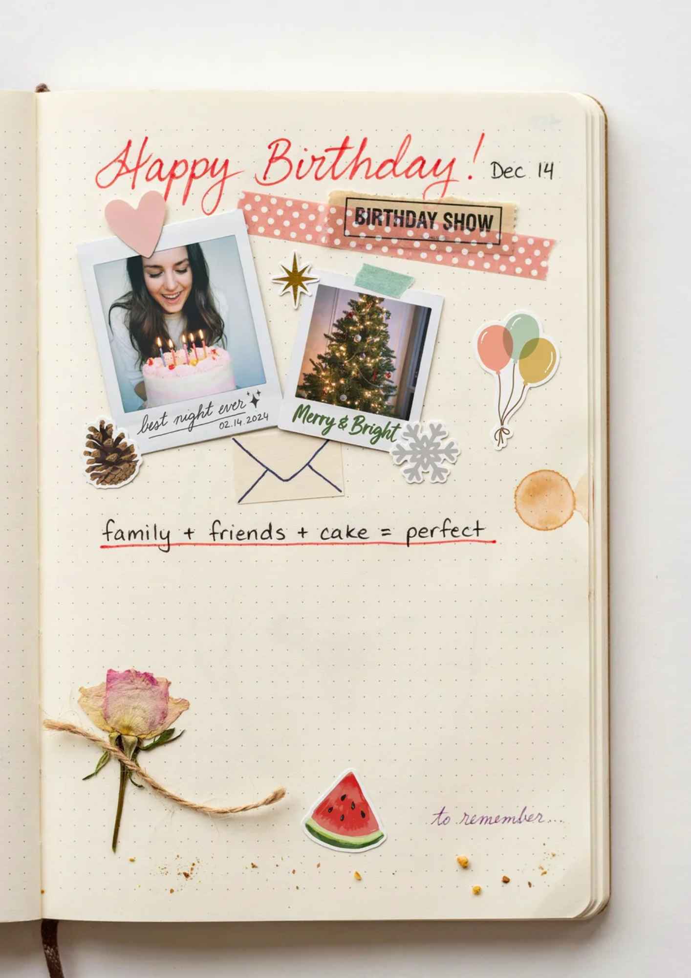 Bullet journal scrapbook layout with photos, clippings, stickers, washi tape, and handwritten notes, layered creatively.