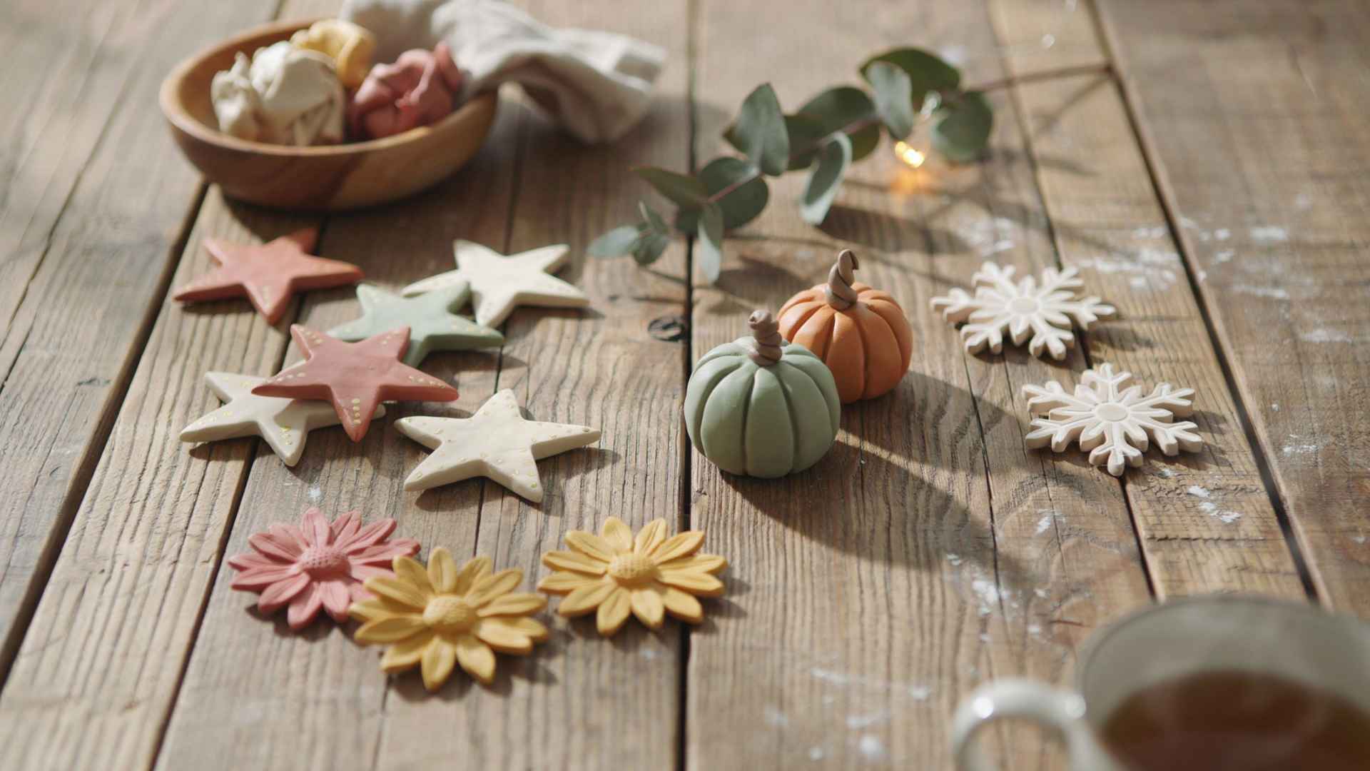Seasonal clay ornaments like stars and snowflakes