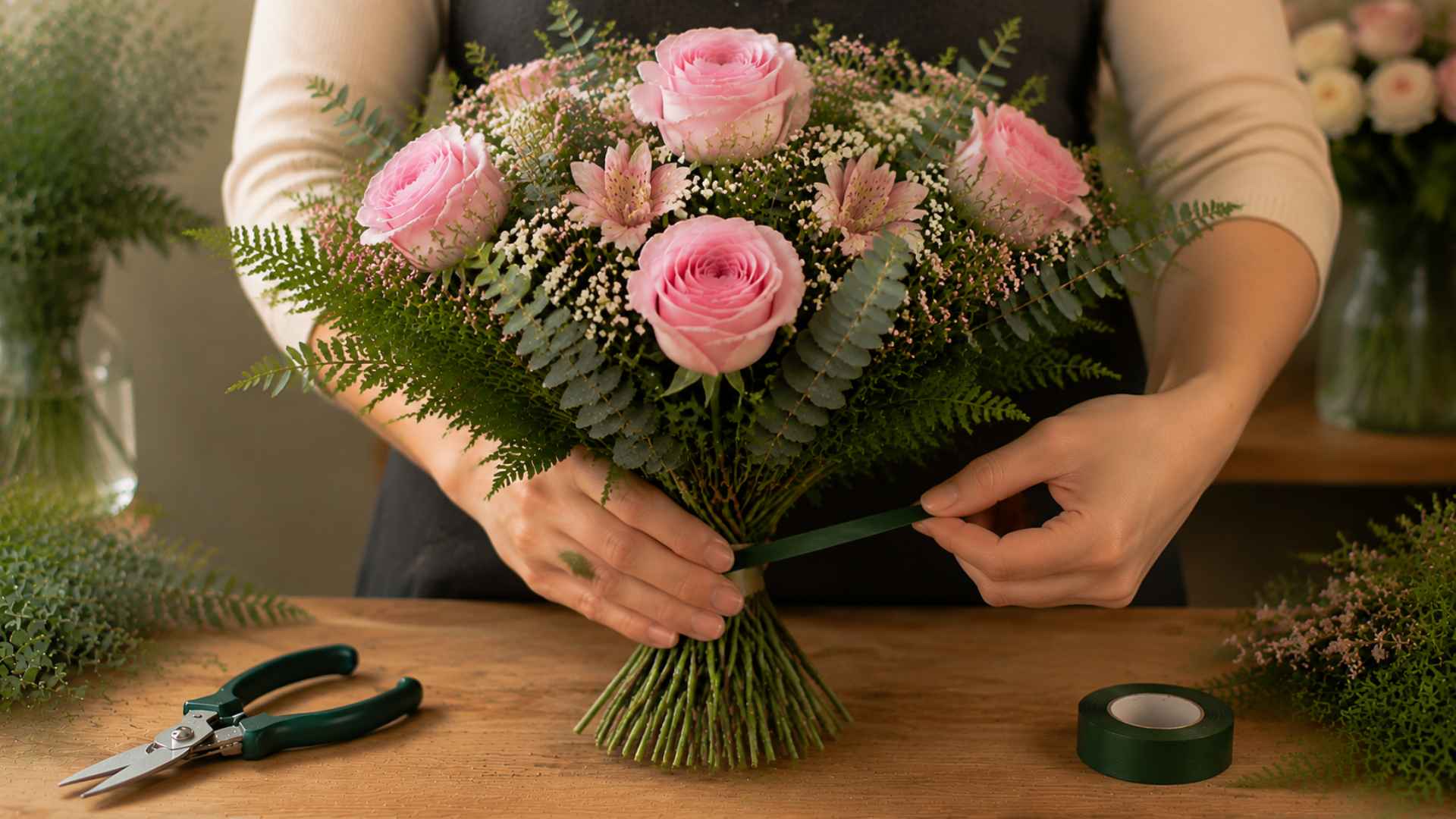 Securing bouquet stems with floral tape neatly