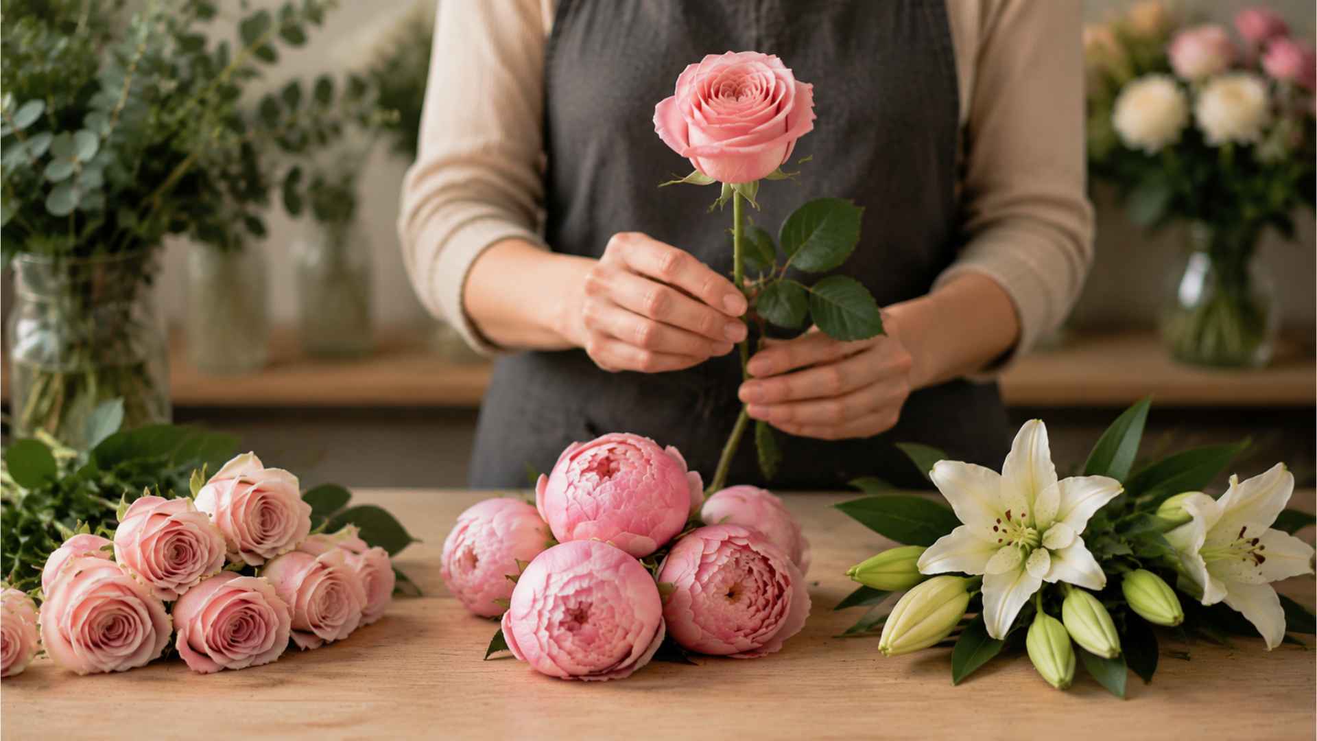 Florist selecting focal flowers on a wooden table