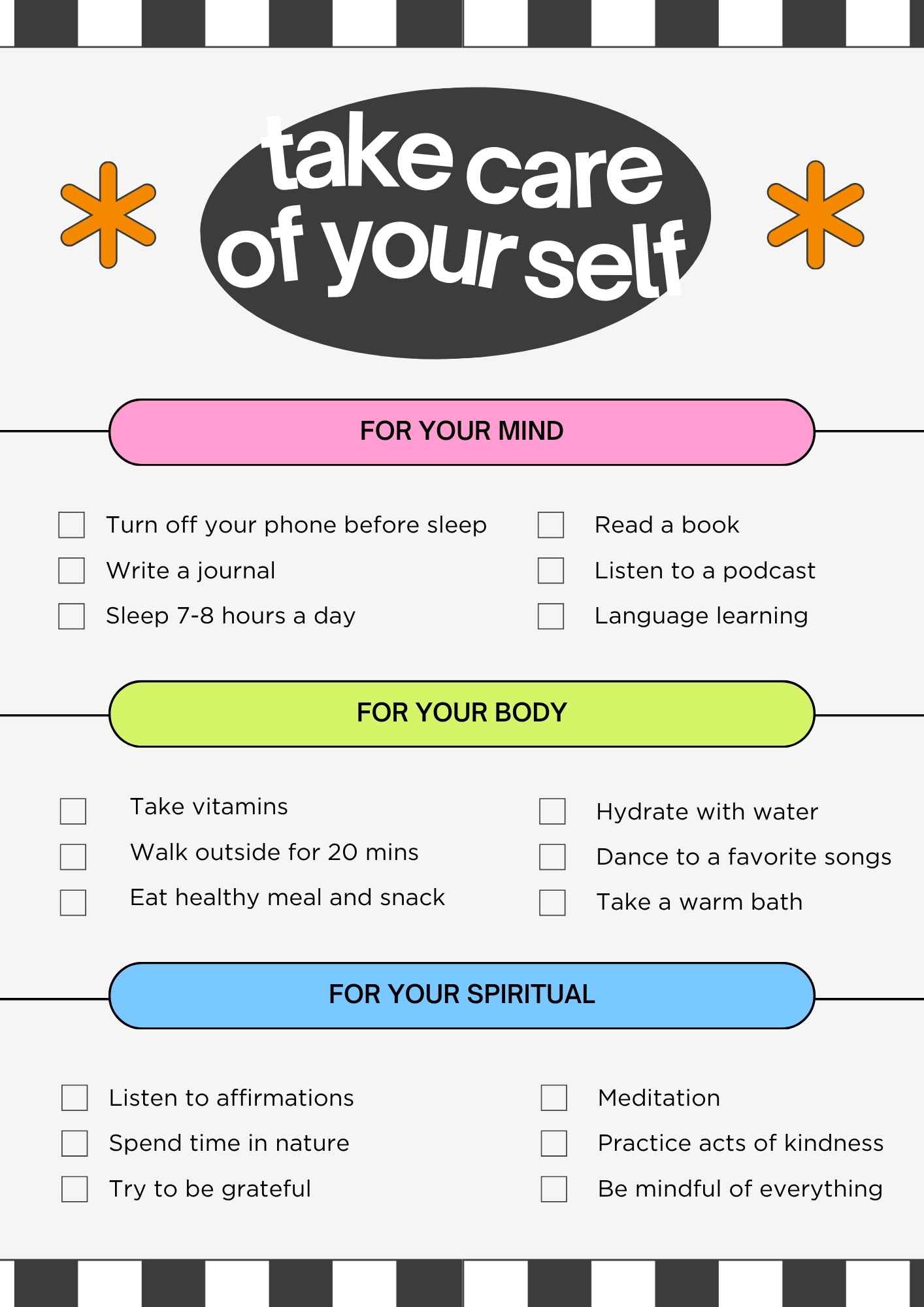 self care checklist with sections for mind body and spiritual routines in a colorful layout