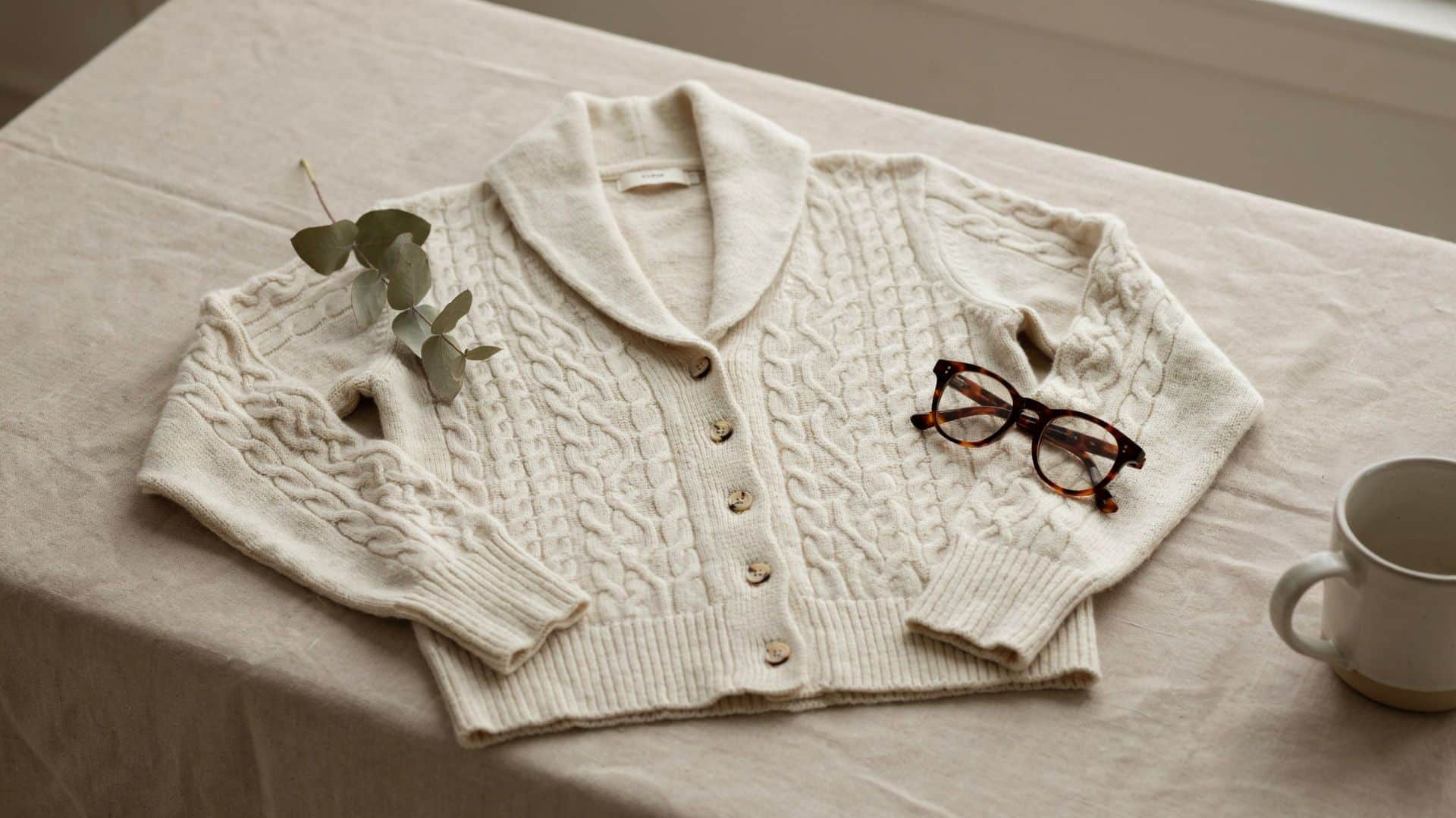 A shawl collar cardigan made from soft knit fabric, featuring a folded shawl-style collar that wraps around the neckline, with a front button closure and a comfortable, relaxed fit suitable for casual or semi-formal wear.