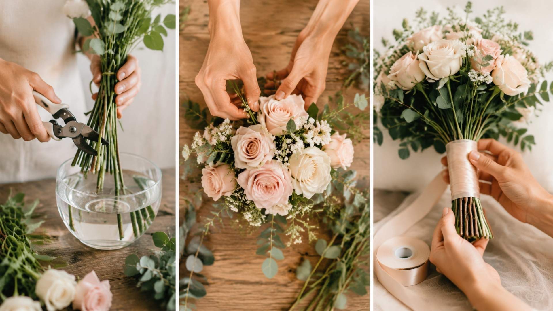 three step floral bouquet making process showing stem trimming arranging and tying ribbon on wooden table