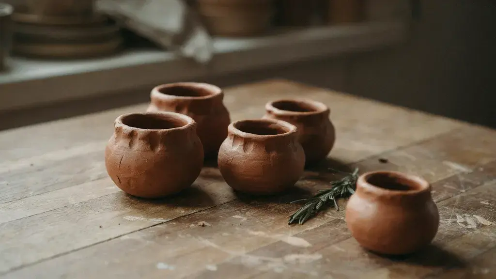 Handmade clay pinch pots on a wooden surface with soft natural light and visible finger-made texture.