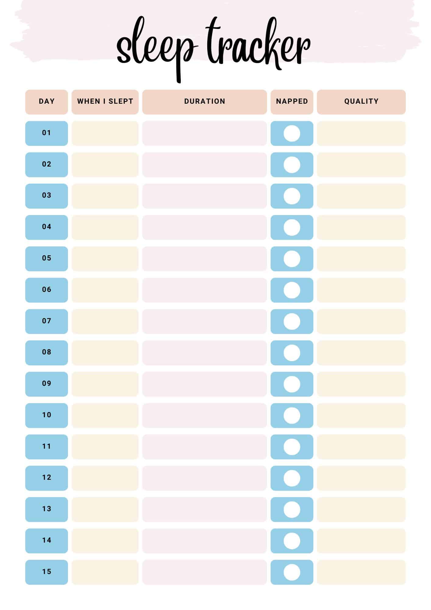 minimal sleep tracker page with days, duration, napped, and quality columns in soft pastel colors