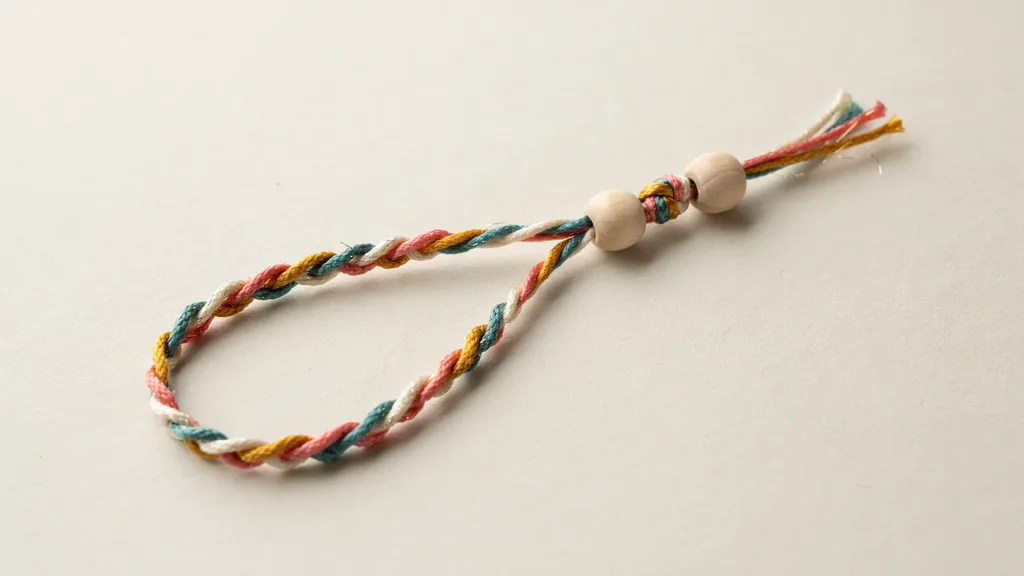 Adjustable friendship bracelet with sliding knot closure and wooden beads.