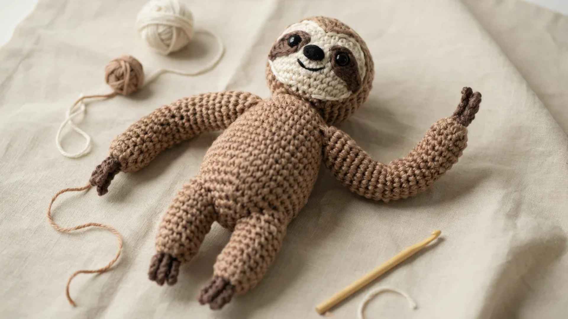 Crochet sloth amigurumi with long limbs and textured yarn finish showing relaxed intermediate level design on background