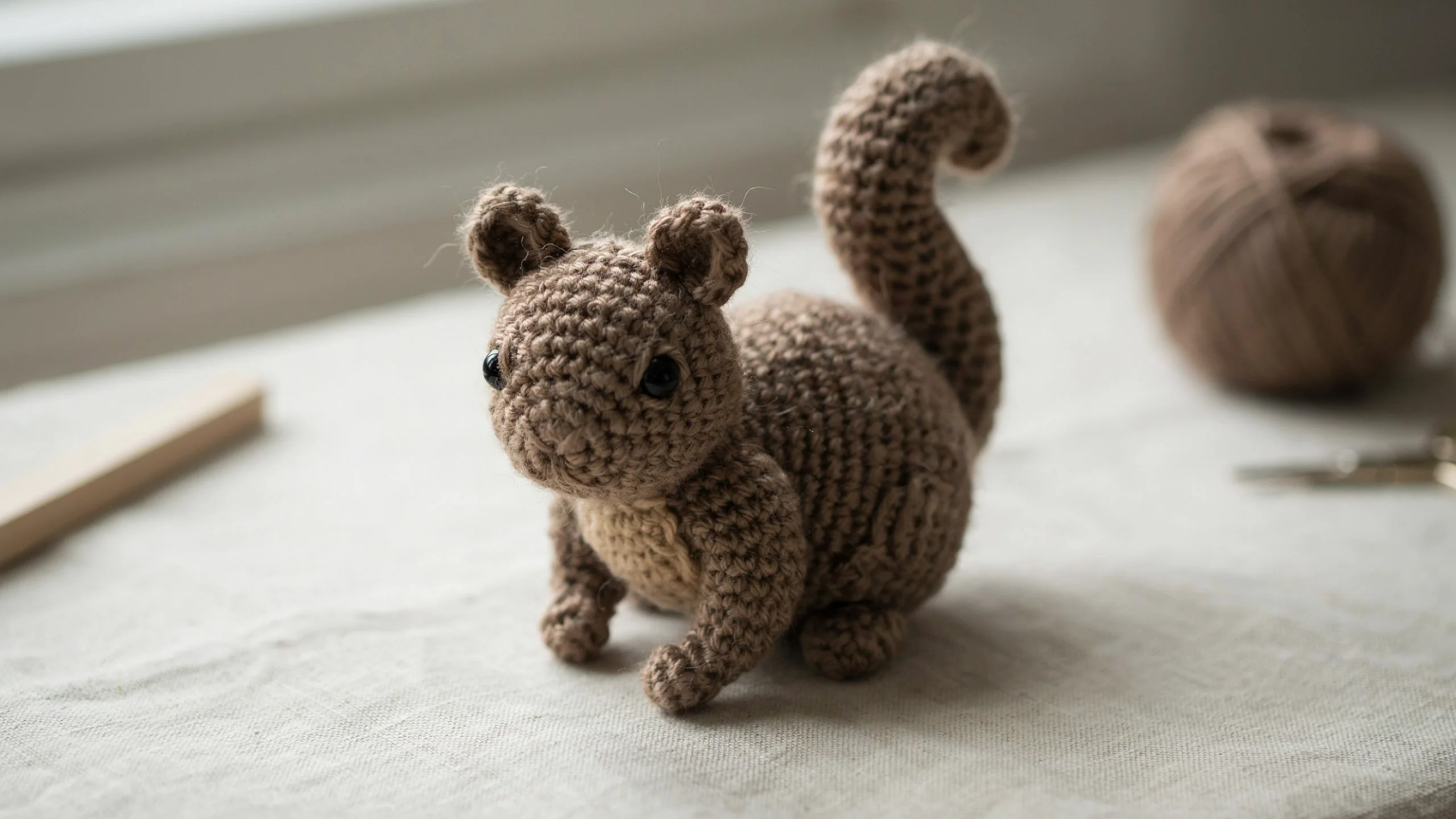Small crochet squirrel with upright curved tail behind body