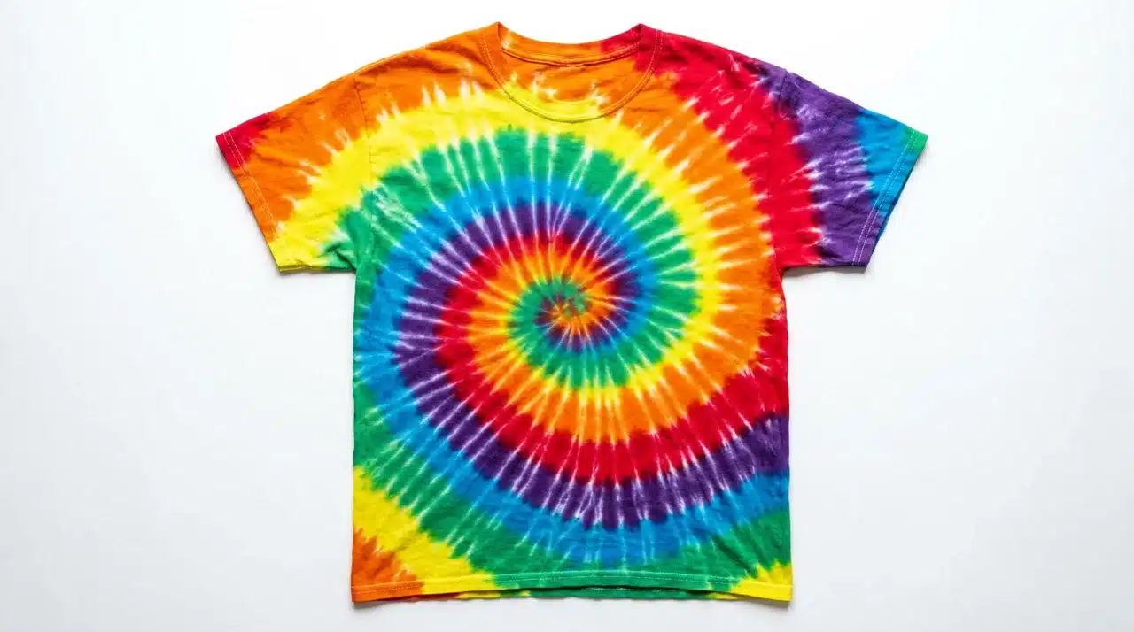 Rainbow spiral tie dye shirt with vibrant swirling colors and a classic circular design