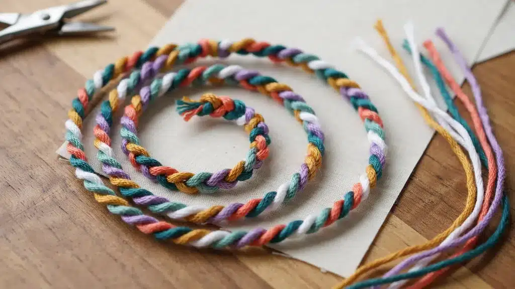Spiral staircase friendship bracelet made with twisted colorful embroidery floss.