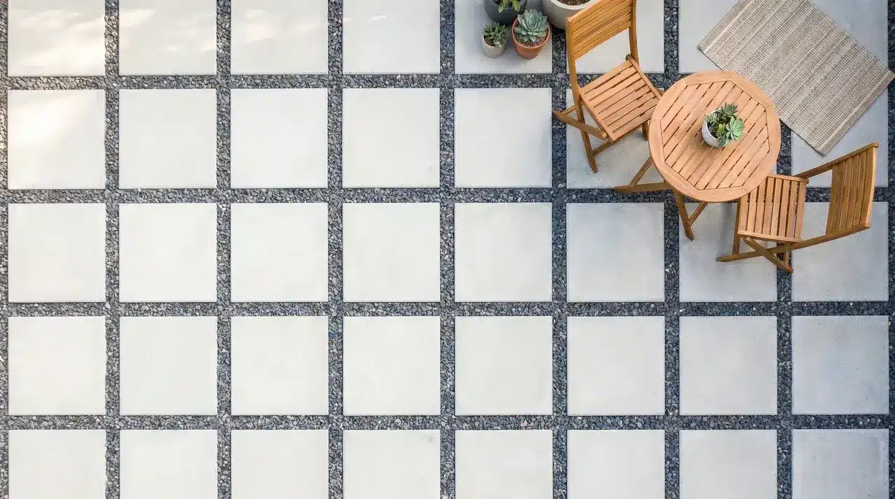 Square concrete pavers arranged in a grid with crushed gravel filling the spaces between them with furniture
