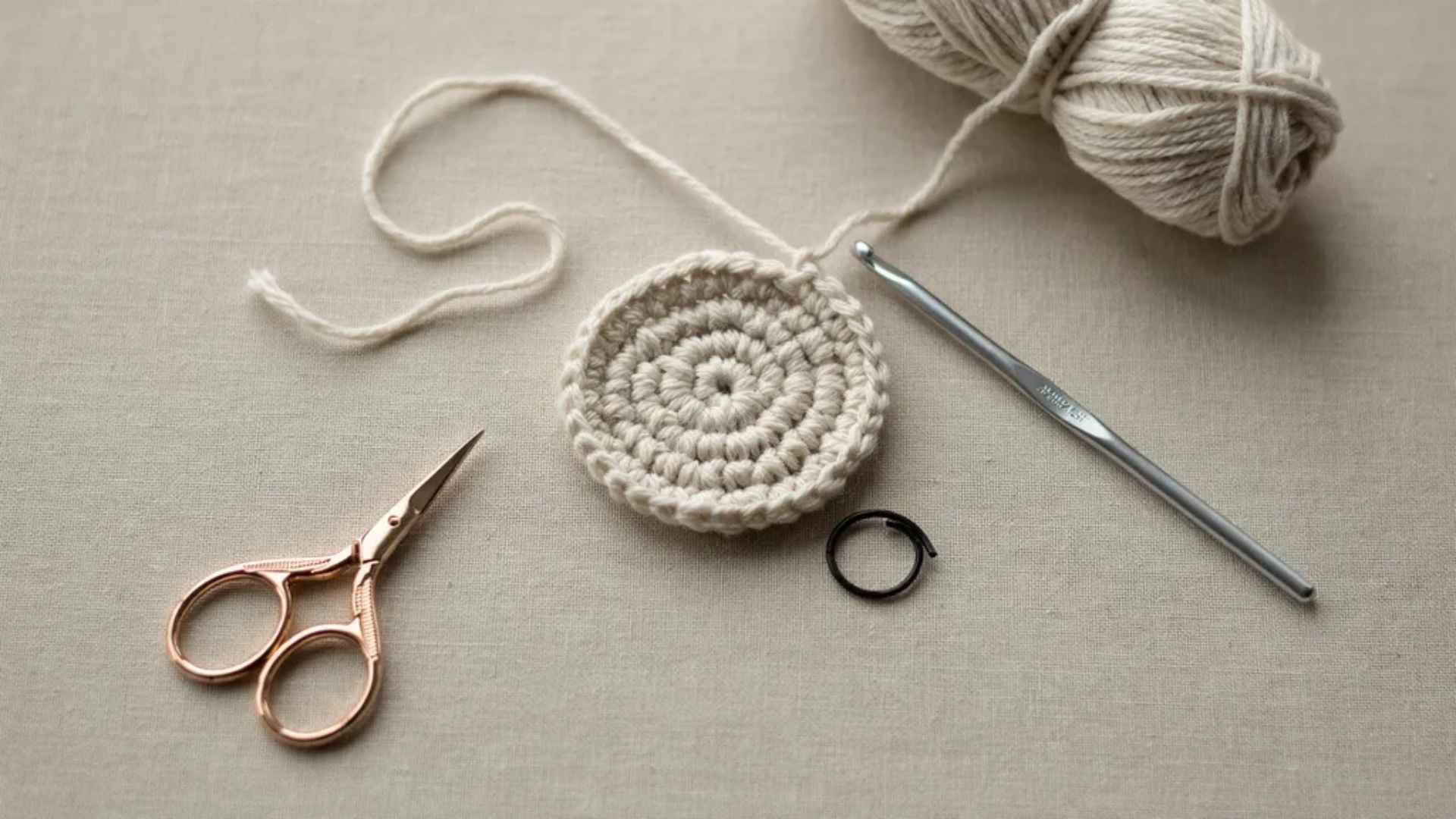 Crochet magic ring forming into tight circle with increasing stitches shaping amigurumi base on neutral background