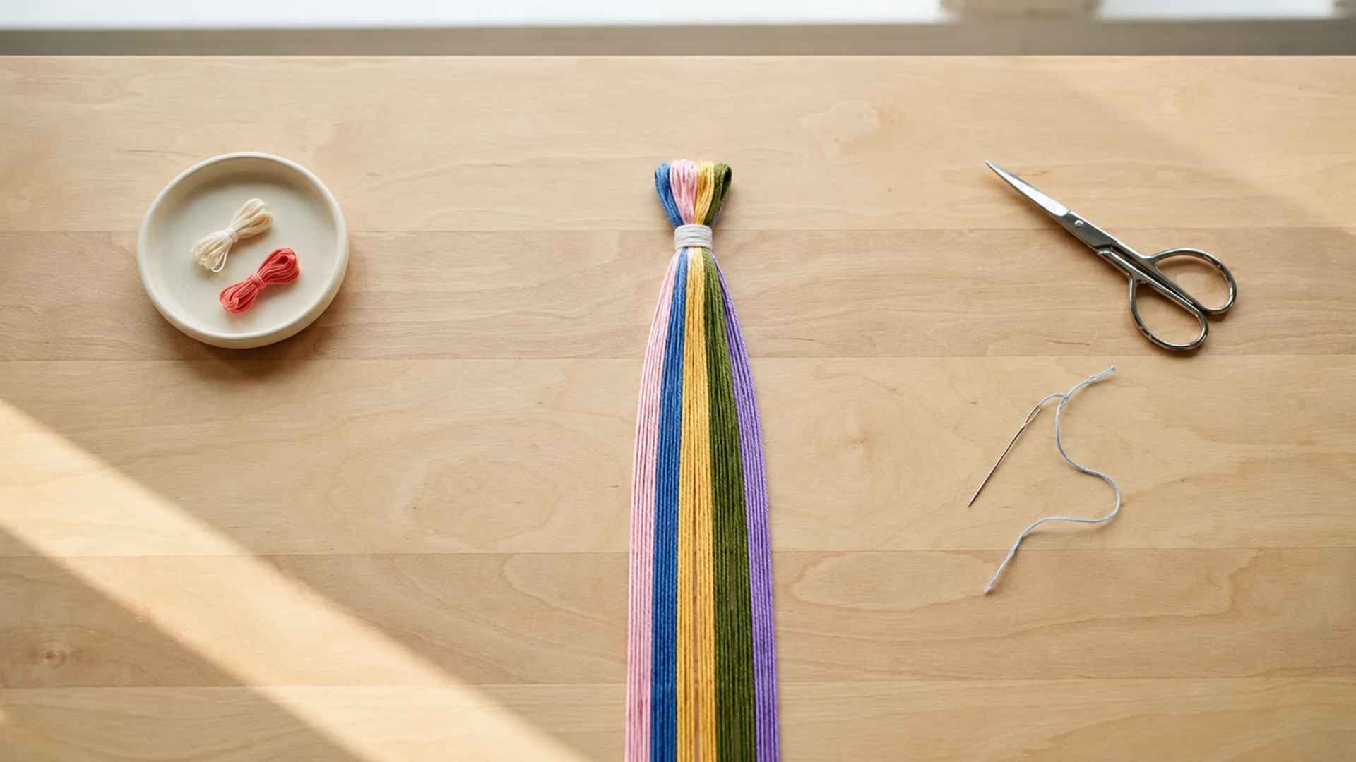 Cut embroidery floss strands arranged by color with ruler and scissors for friendship bracelet making