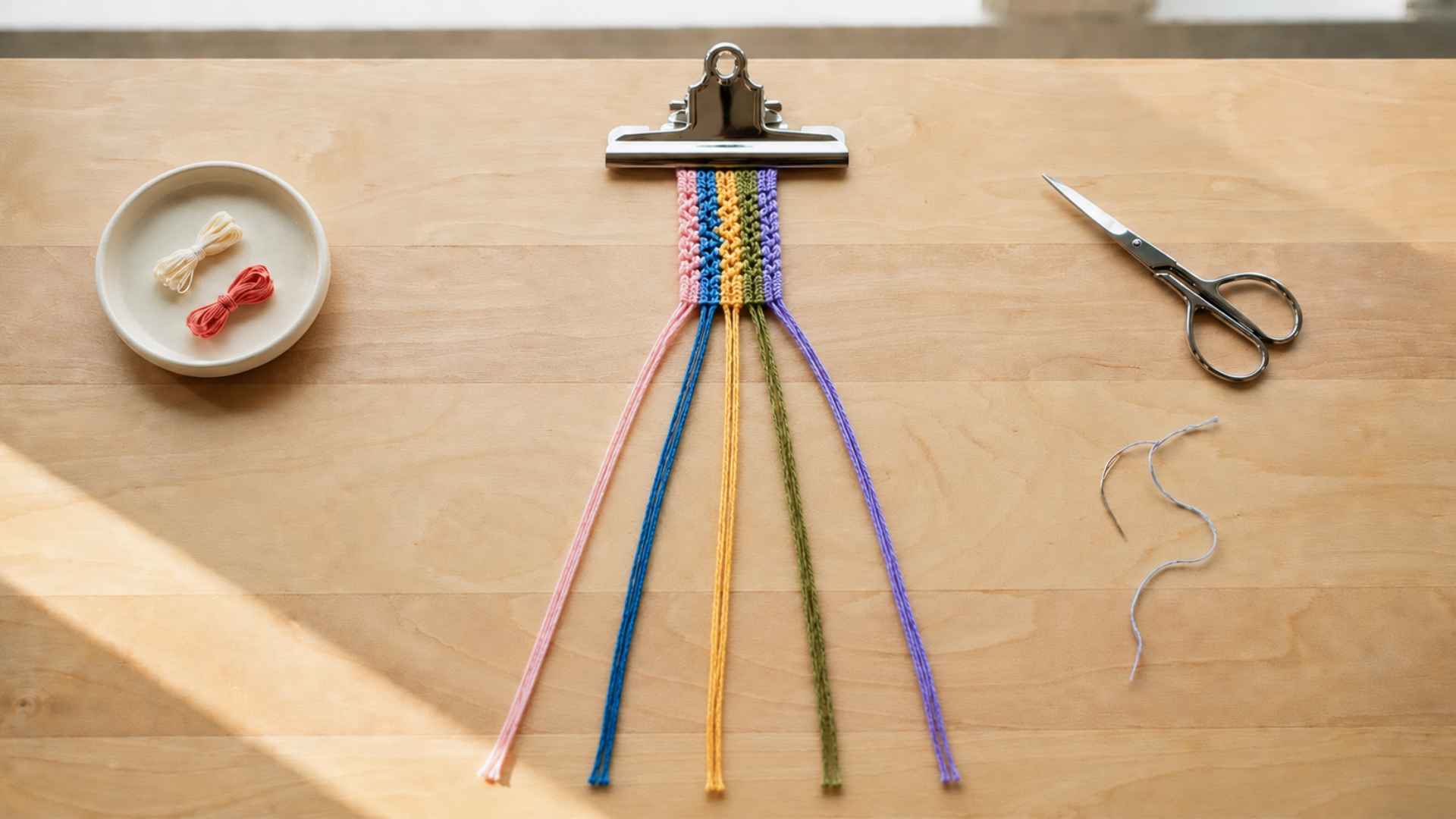 Beginning rows of a friendship bracelet showing colorful knots and loose embroidery floss strands