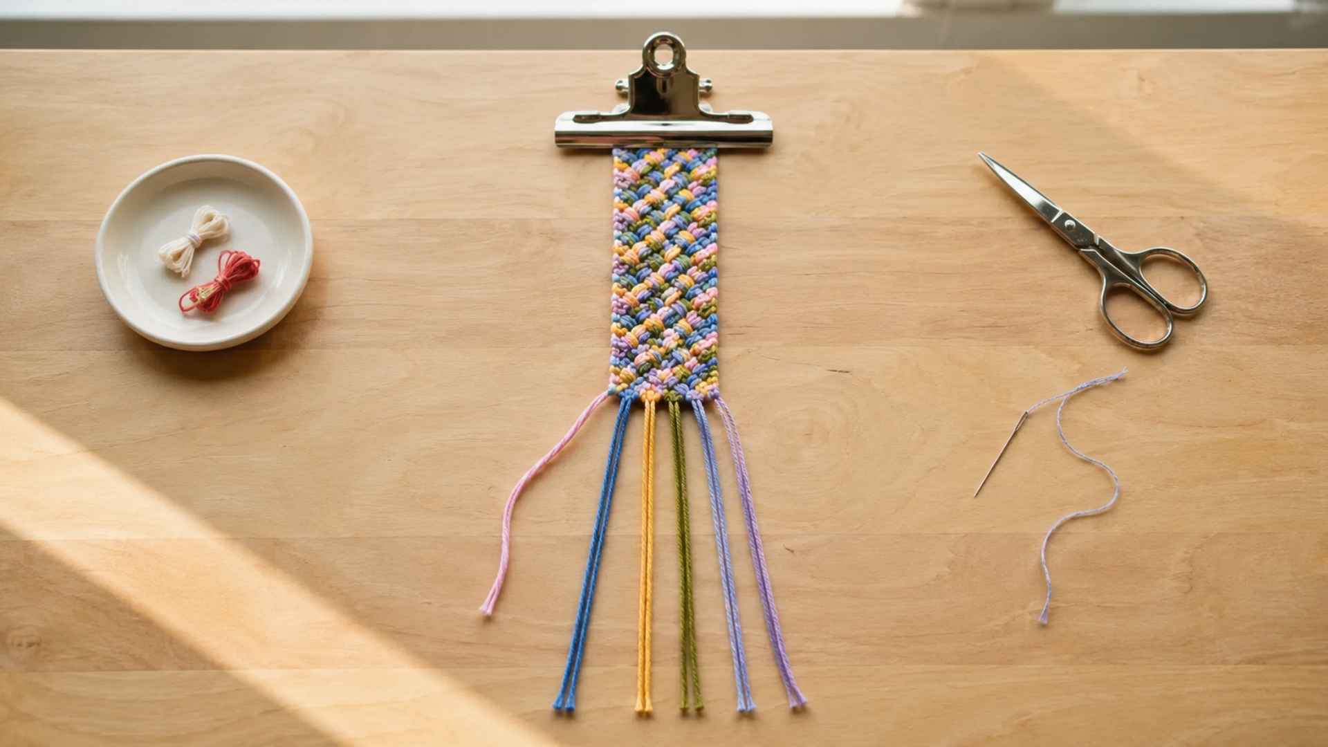 Partially completed friendship bracelet with colorful diagonal stripe pattern and hanging strands