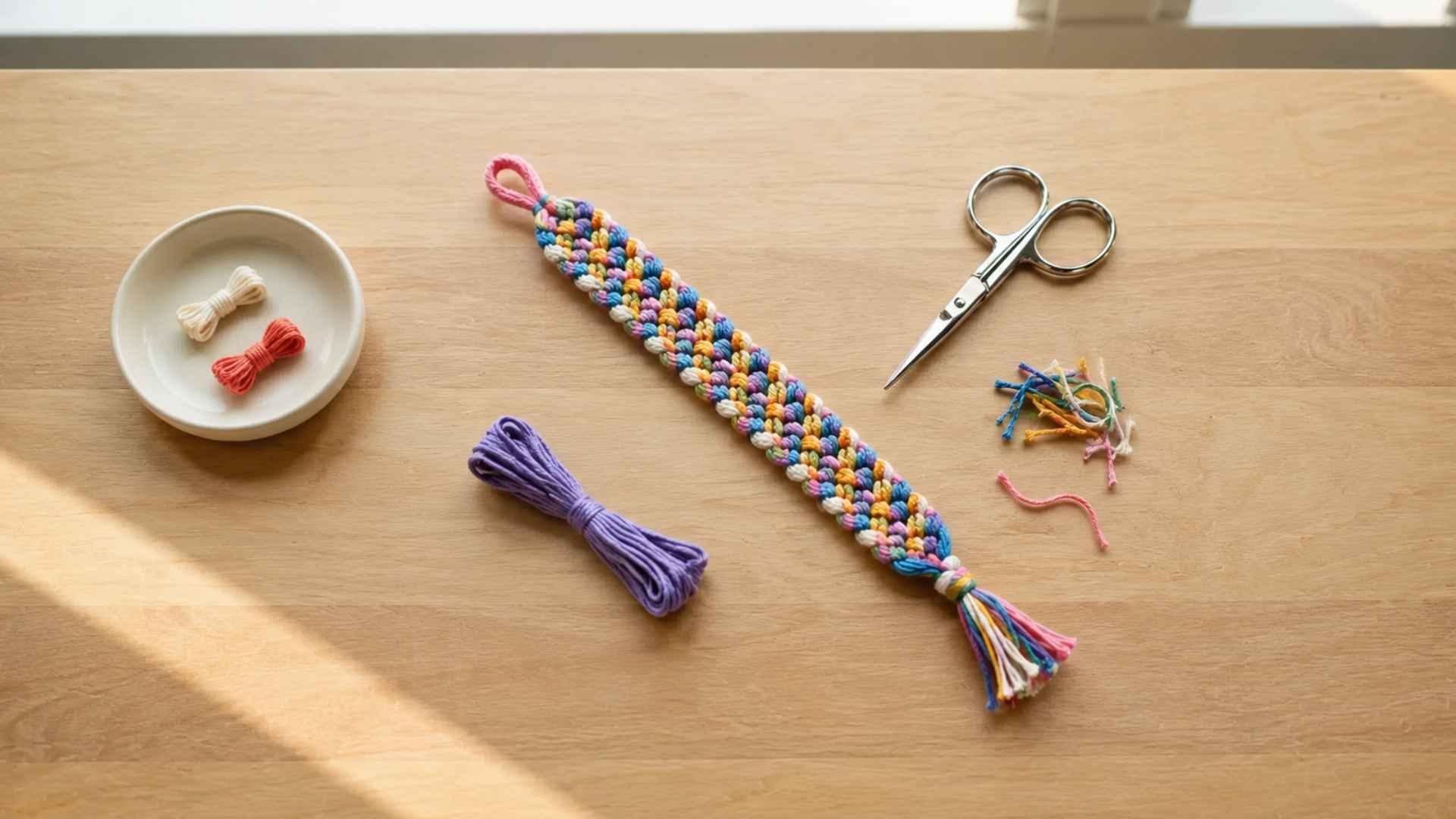 Finished friendship bracelet with braided ends and trimmed thread on a wooden craft table