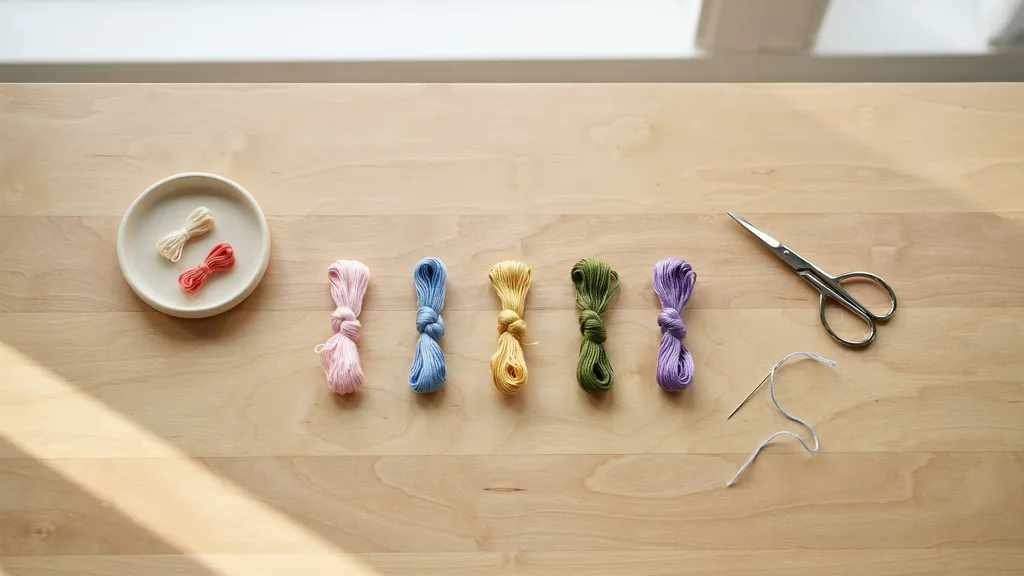 Embroidery floss in pastel colors arranged neatly on a wooden table before starting a friendship bracelet
