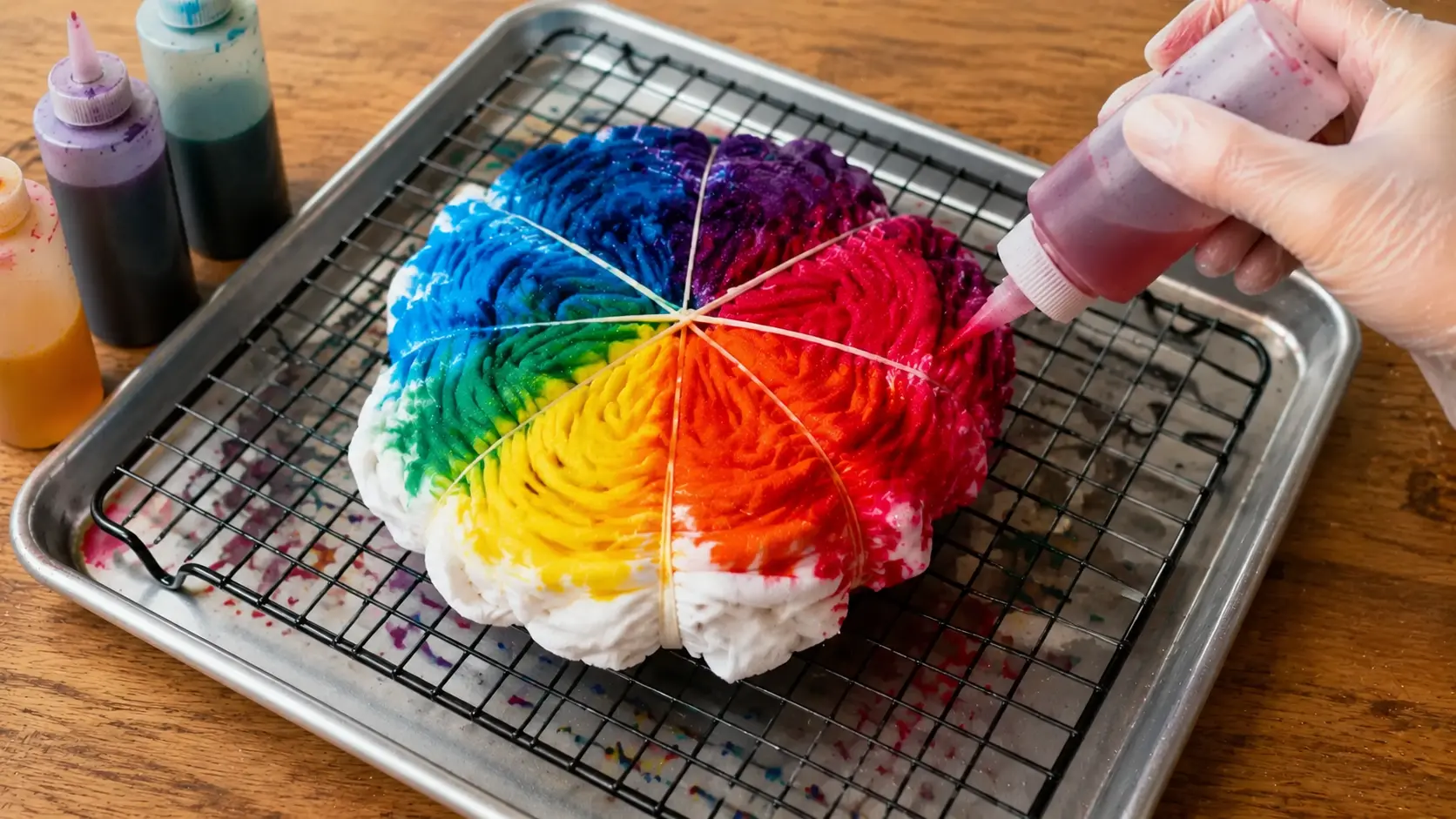 Applying rainbow tie-dye colors to a folded fabric spiral with squeeze bottles, rubber bands, and a covered work surface.
